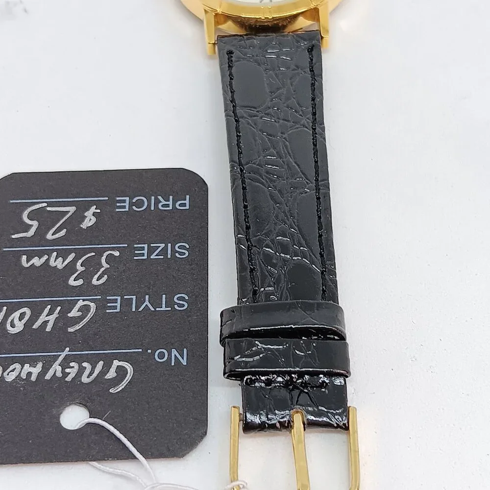 Greyhound 33mm Women's Gold Tone Black Leather Band Dog Watch